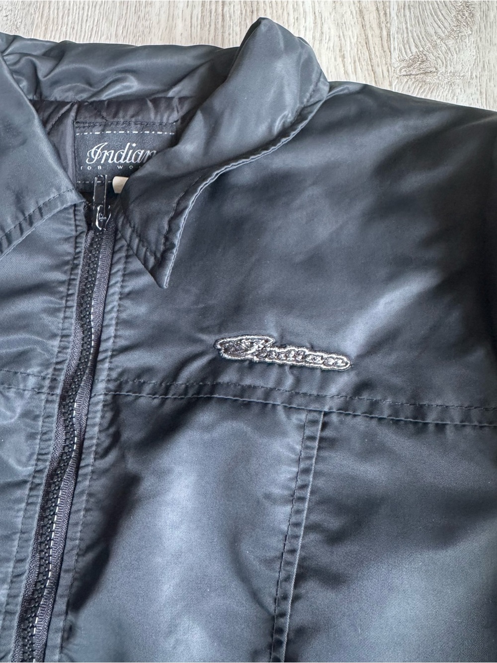 Vintage Indian Motorcycle Black Nylon Zip Up Jacket Classic Collar & Patch Logo